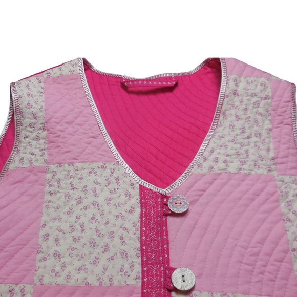 Vintage Vest Quilted Patchwork Cotton button down pink floral size Large Petite - Picture 6 of 17